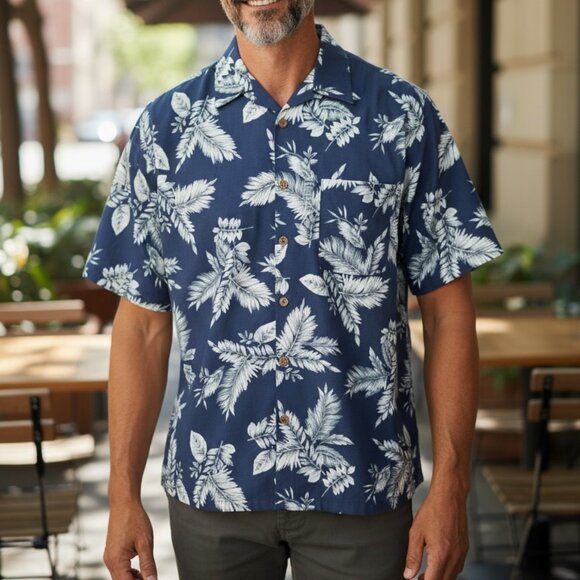 OP Dark Blue Leaf Print Men's Shirt - Picture 1 of 9